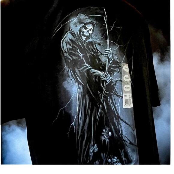 NWT Vtg Y2K Grim Reaper Graphic Tee Halloween Death Metal Hard Rock Goth T-Shirt - Picture 1 of 11